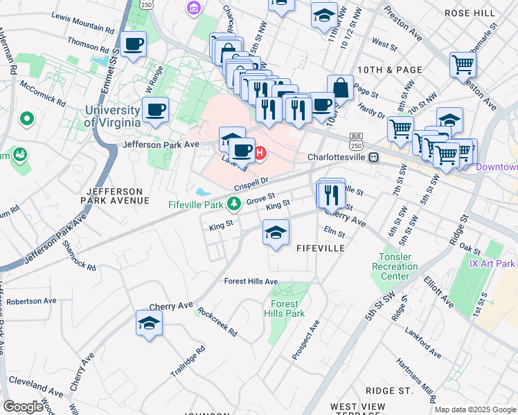 map of restaurants, bars, coffee shops, grocery stores, and more near 202 Spring Street in Charlottesville