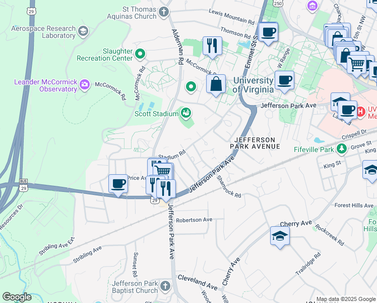 map of restaurants, bars, coffee shops, grocery stores, and more near 1818 Stadium Road in Charlottesville