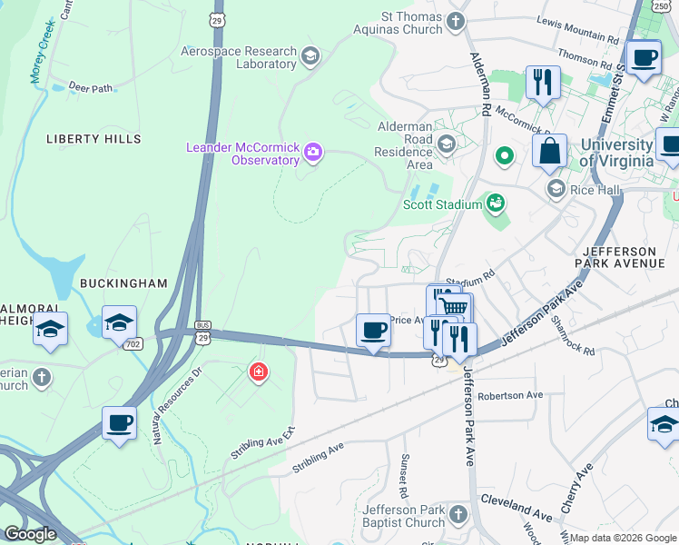 map of restaurants, bars, coffee shops, grocery stores, and more near in Charlottesville