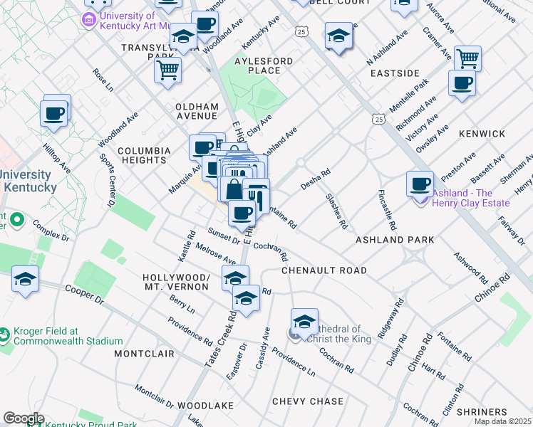 map of restaurants, bars, coffee shops, grocery stores, and more near 1011 Fontaine Road in Lexington