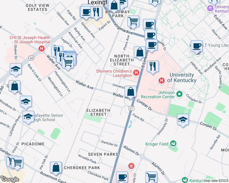 map of restaurants, bars, coffee shops, grocery stores, and more near 200 University Avenue in Lexington