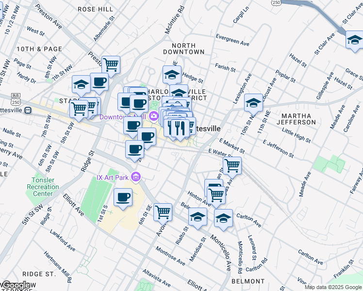 map of restaurants, bars, coffee shops, grocery stores, and more near 515 East Water Street in Charlottesville