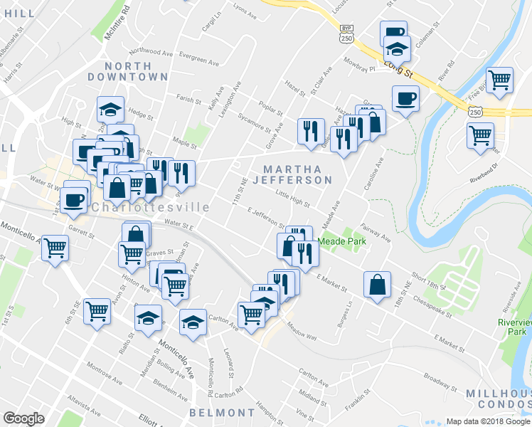 map of restaurants, bars, coffee shops, grocery stores, and more near 301 Farm Lane in Charlottesville