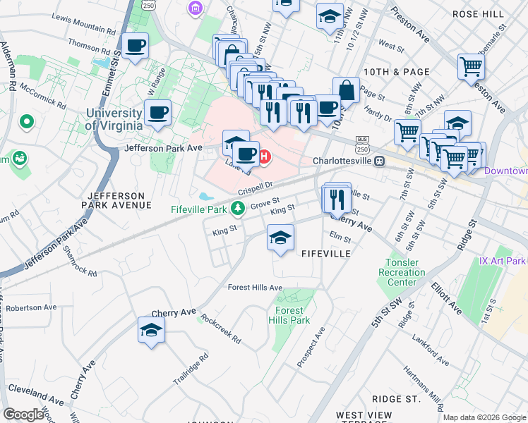map of restaurants, bars, coffee shops, grocery stores, and more near 202 Spring Street in Charlottesville