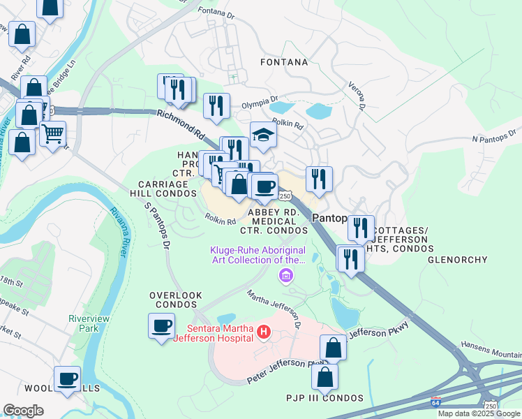 map of restaurants, bars, coffee shops, grocery stores, and more near 2040 Abbey Road in Charlottesville