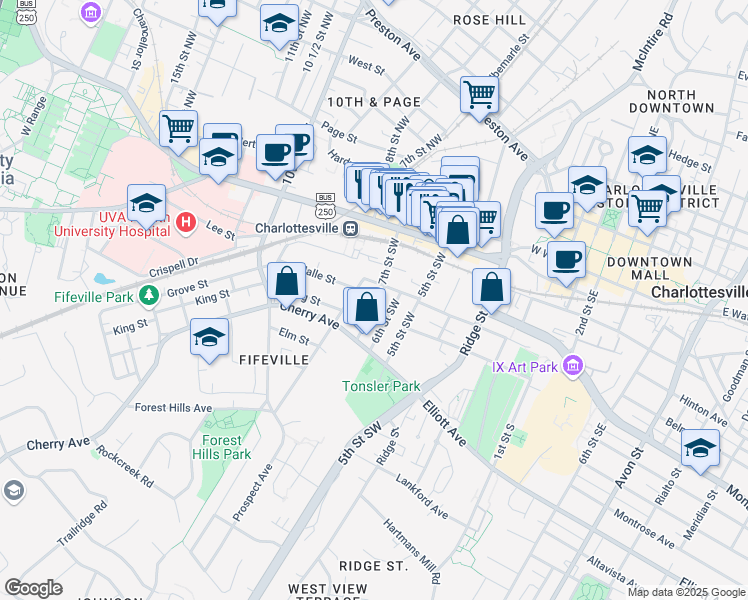 map of restaurants, bars, coffee shops, grocery stores, and more near 315 6 1/2 Street Southwest in Charlottesville