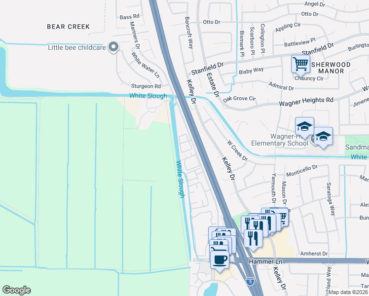 map of restaurants, bars, coffee shops, grocery stores, and more near 8667 Mariners Drive in Stockton