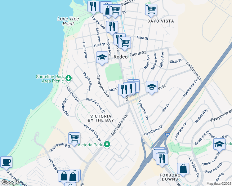map of restaurants, bars, coffee shops, grocery stores, and more near 612 Rodeo Avenue in Rodeo