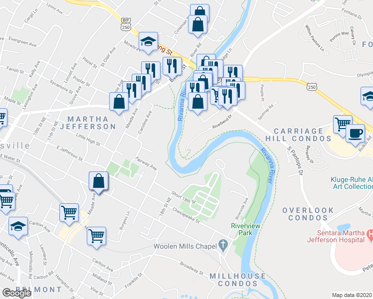 map of restaurants, bars, coffee shops, grocery stores, and more near 252 Riverbend Drive in Charlottesville