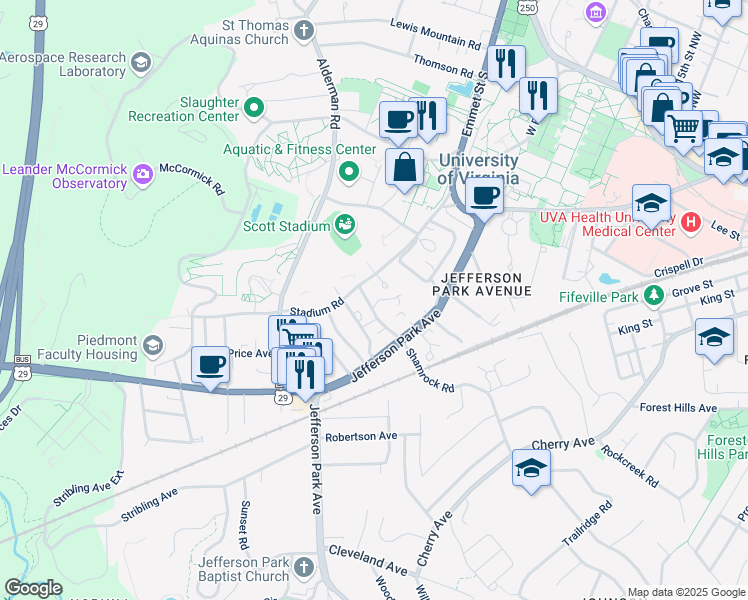 map of restaurants, bars, coffee shops, grocery stores, and more near 124 Shamrock Road in Charlottesville