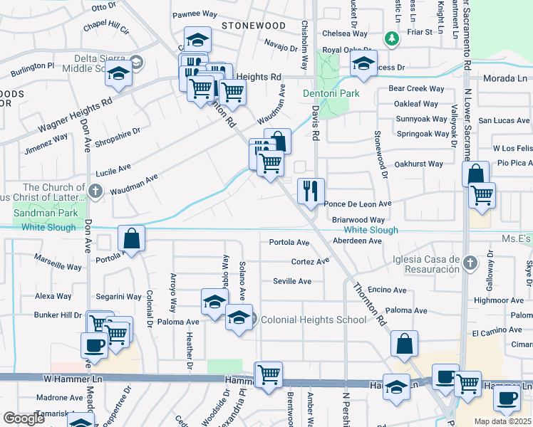 map of restaurants, bars, coffee shops, grocery stores, and more near 1735 Alpha Drive in Stockton