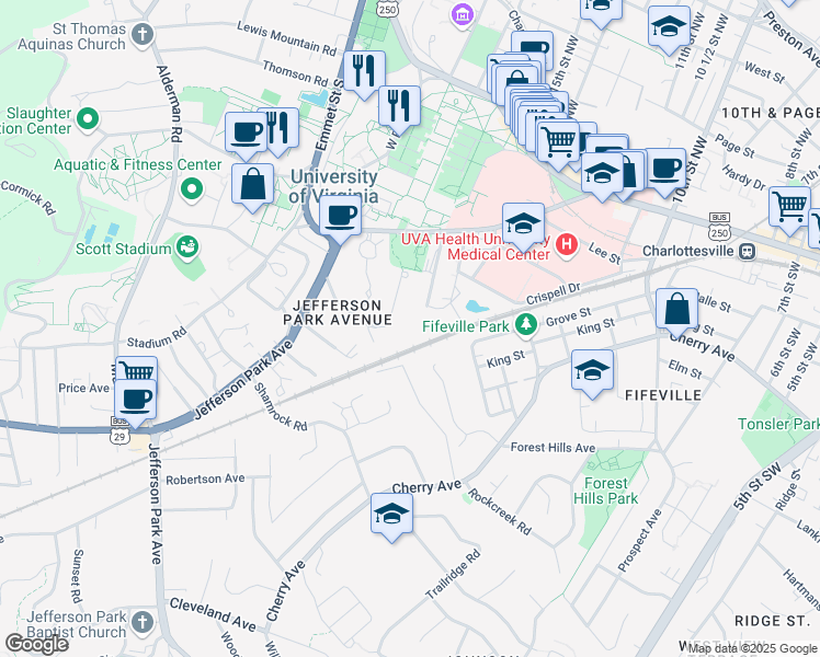 map of restaurants, bars, coffee shops, grocery stores, and more near 600 Brandon Avenue in Charlottesville