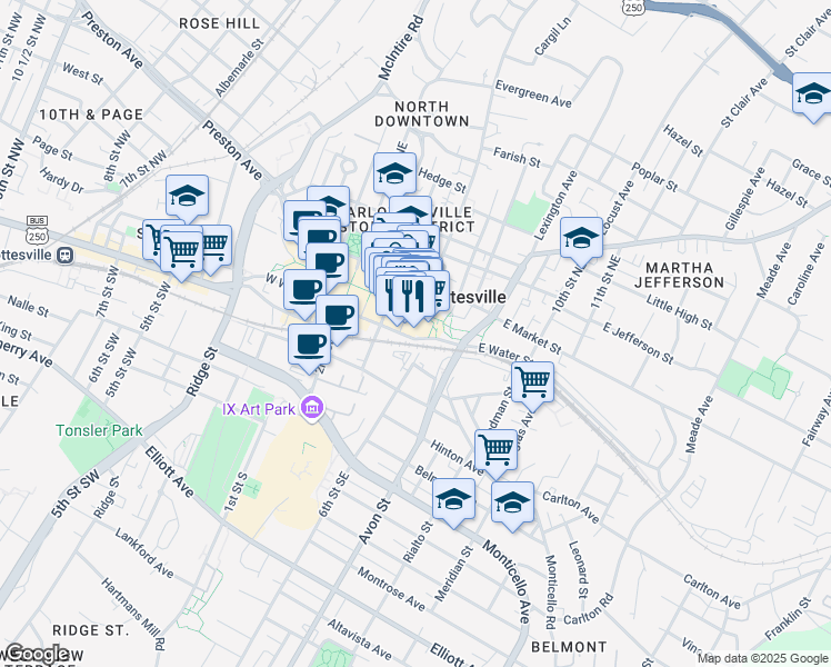 map of restaurants, bars, coffee shops, grocery stores, and more near 515 East Water Street in Charlottesville