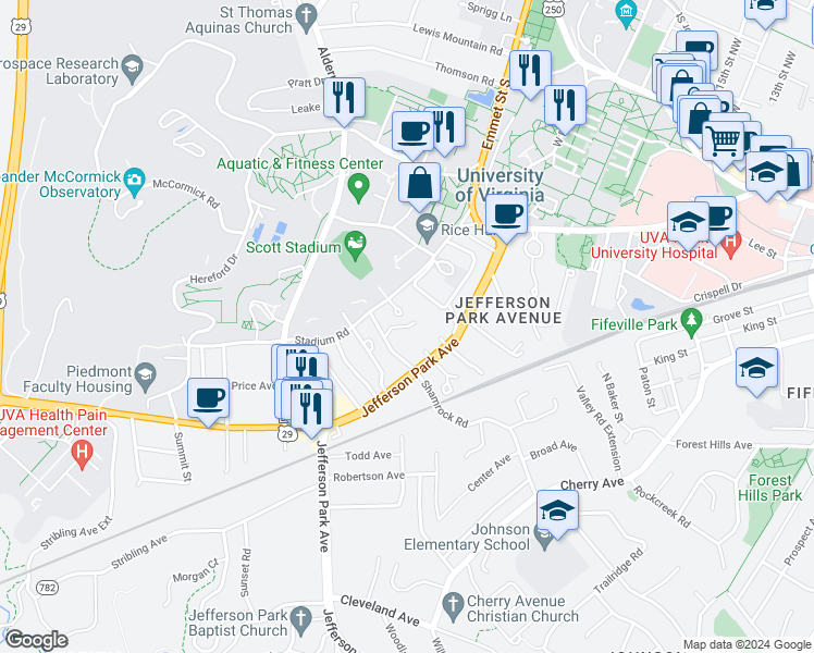 map of restaurants, bars, coffee shops, grocery stores, and more near 103 Chelsea Drive in Charlottesville