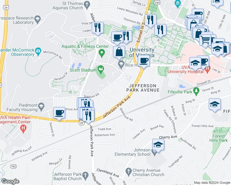 map of restaurants, bars, coffee shops, grocery stores, and more near 1899 Chelsea Drive in Charlottesville