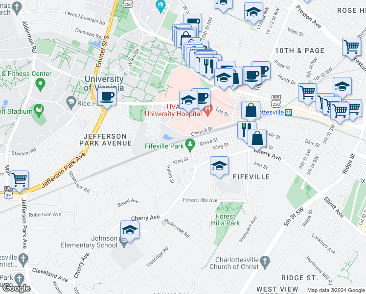 map of restaurants, bars, coffee shops, grocery stores, and more near 1113 Grove Street in Charlottesville