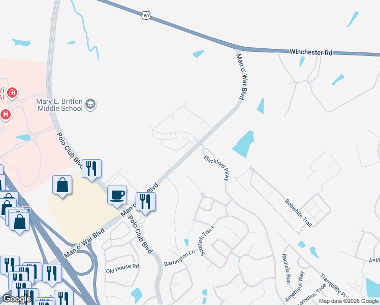 map of restaurants, bars, coffee shops, grocery stores, and more near 6479 Man o' War Boulevard in Lexington