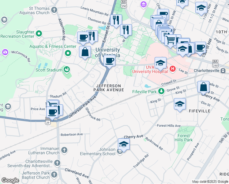 map of restaurants, bars, coffee shops, grocery stores, and more near 536 Valley Road in Charlottesville