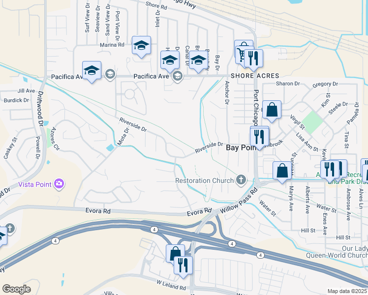 map of restaurants, bars, coffee shops, grocery stores, and more near 208 Agua Way in Bay Point