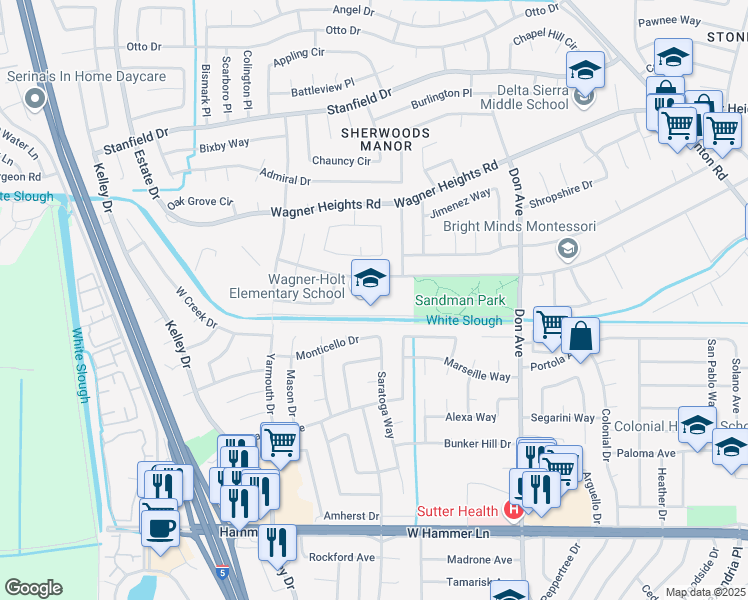 map of restaurants, bars, coffee shops, grocery stores, and more near 8778 Brattle Place in Stockton
