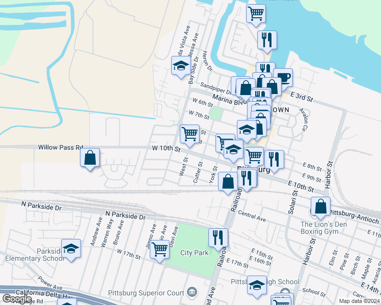 map of restaurants, bars, coffee shops, grocery stores, and more near in Pittsburg
