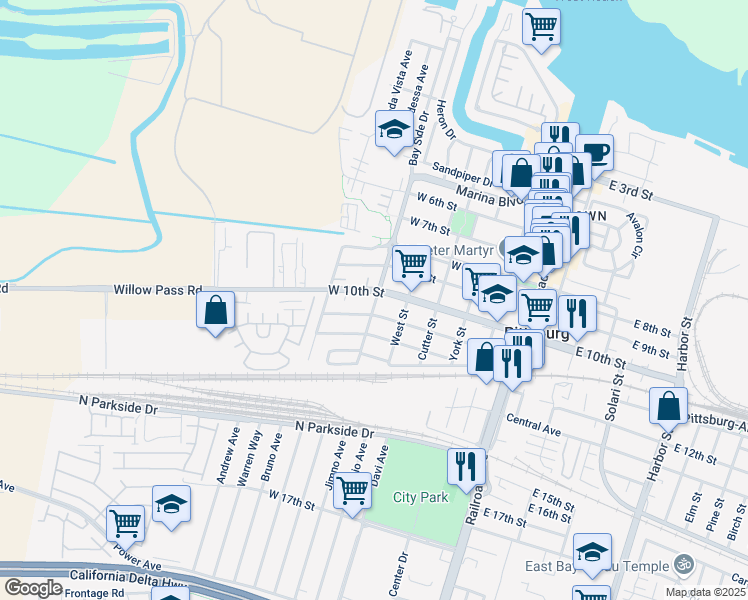 map of restaurants, bars, coffee shops, grocery stores, and more near 1086 Herb White Way in Pittsburg