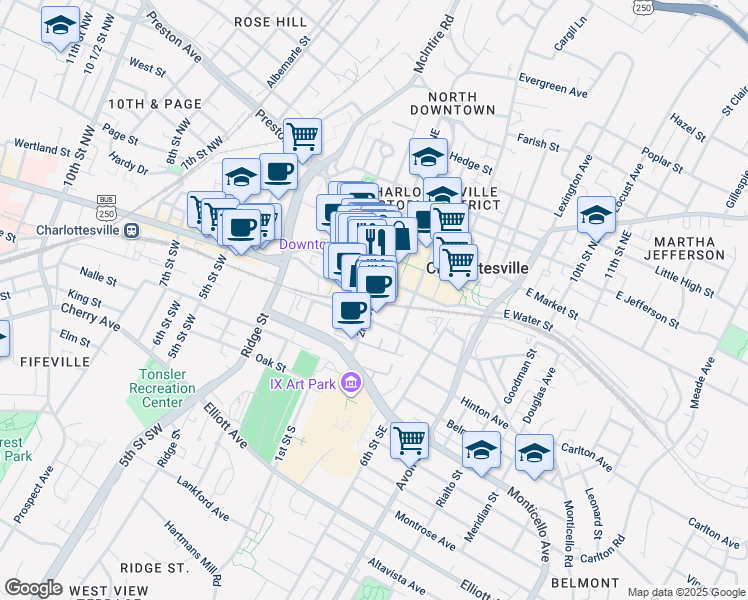 map of restaurants, bars, coffee shops, grocery stores, and more near 100 East Water Street in Charlottesville