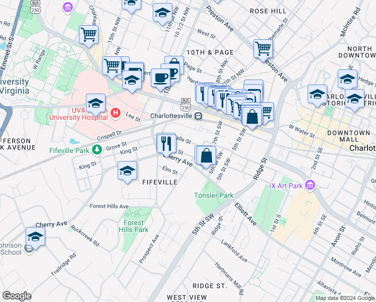 map of restaurants, bars, coffee shops, grocery stores, and more near 708 Nalle Street in Charlottesville