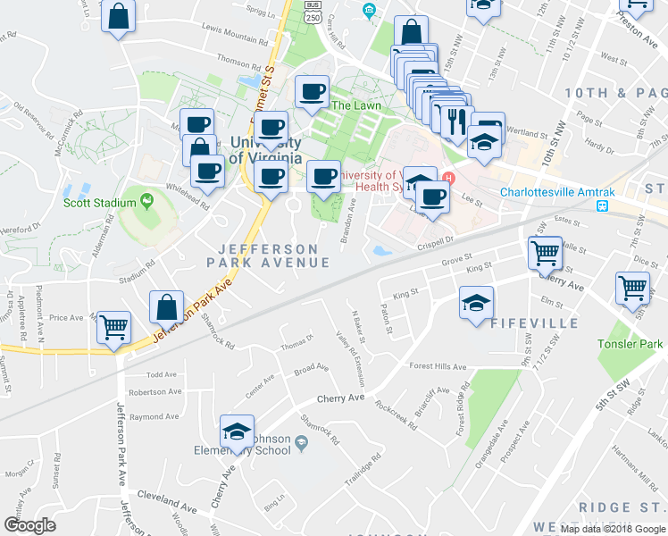 map of restaurants, bars, coffee shops, grocery stores, and more near 514 Brandon Avenue in Charlottesville