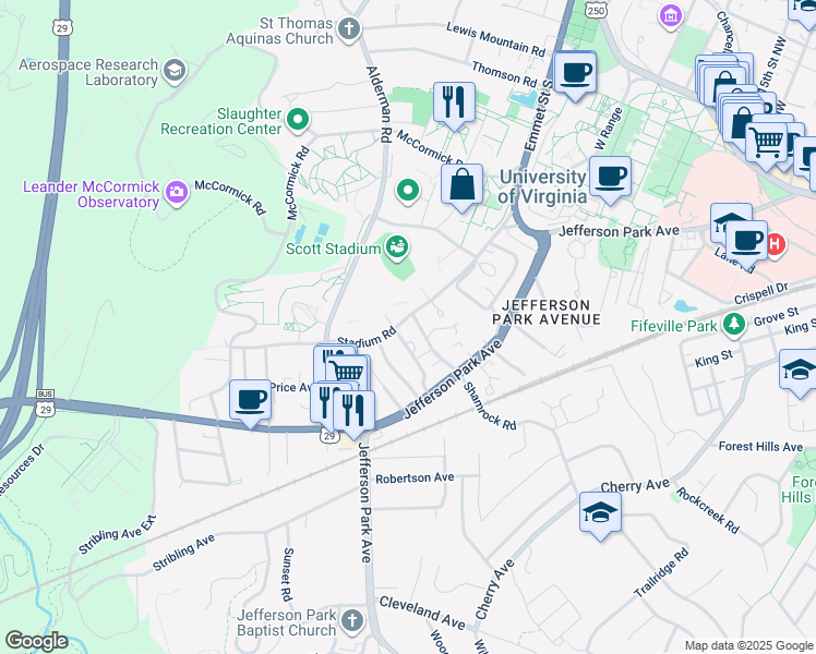 map of restaurants, bars, coffee shops, grocery stores, and more near 1818 Stadium Road in Charlottesville