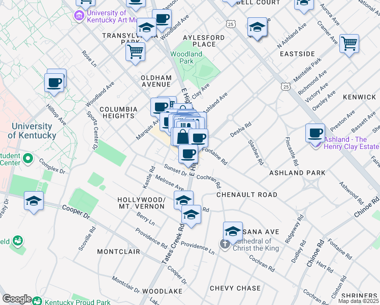 map of restaurants, bars, coffee shops, grocery stores, and more near 836 Euclid Avenue in Lexington