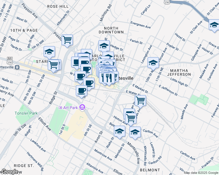map of restaurants, bars, coffee shops, grocery stores, and more near 511 Water Street East in Charlottesville