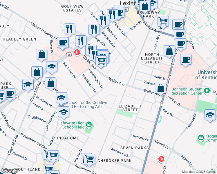 map of restaurants, bars, coffee shops, grocery stores, and more near 1545 Jacana Drive in Lexington