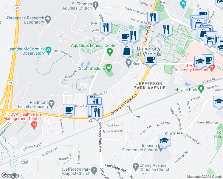 map of restaurants, bars, coffee shops, grocery stores, and more near 1904 Stadium Road in Charlottesville