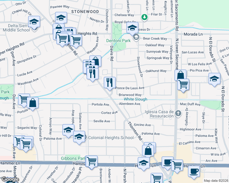 map of restaurants, bars, coffee shops, grocery stores, and more near 8709 Davis Road in Stockton