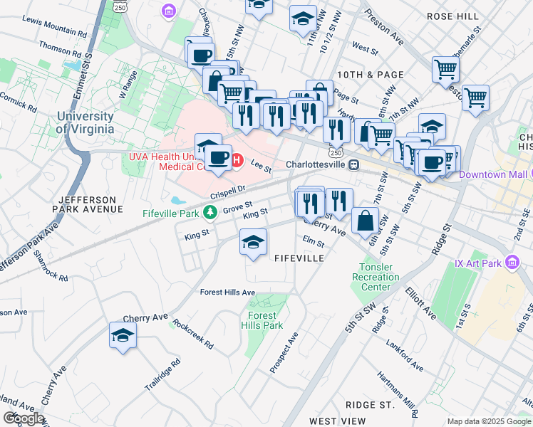 map of restaurants, bars, coffee shops, grocery stores, and more near 928 King Street in Charlottesville