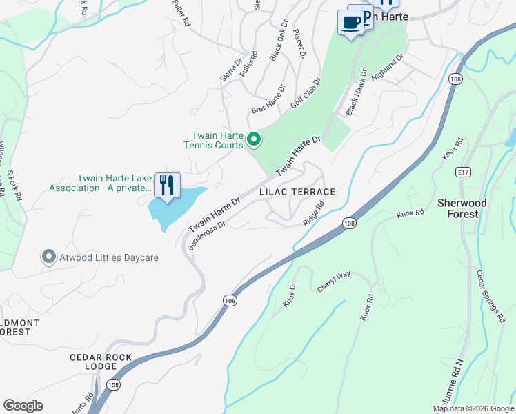 map of restaurants, bars, coffee shops, grocery stores, and more near 22461 Ponderosa Drive in Twain Harte