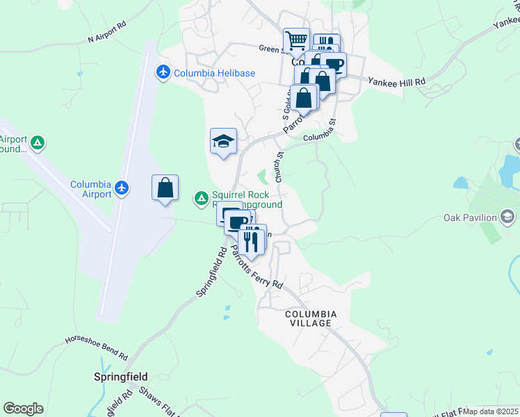 map of restaurants, bars, coffee shops, grocery stores, and more near 22430 Church Street in Columbia