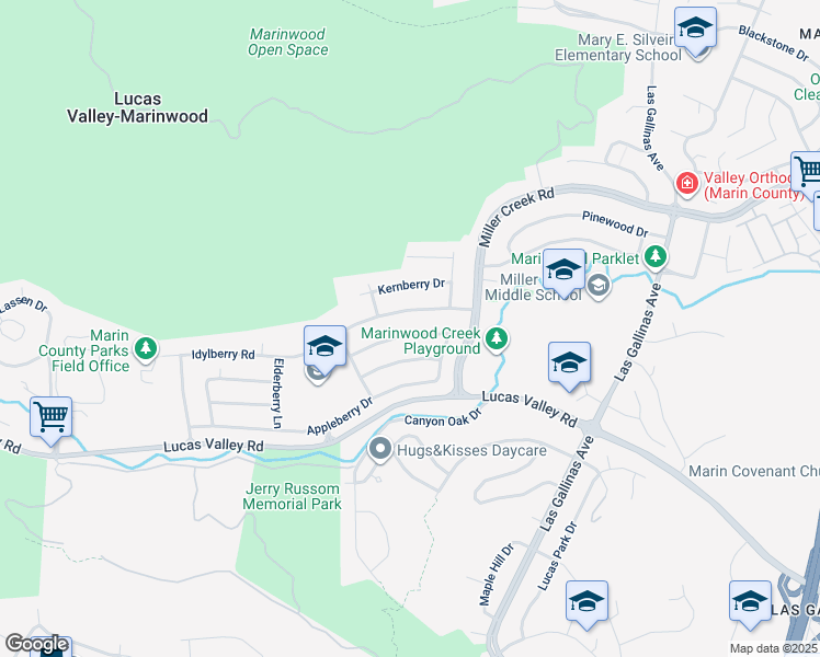 map of restaurants, bars, coffee shops, grocery stores, and more near 600 Cedarberry Lane in San Rafael
