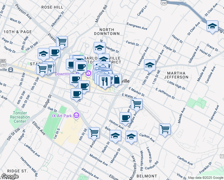 map of restaurants, bars, coffee shops, grocery stores, and more near 615 Water Street East in Charlottesville