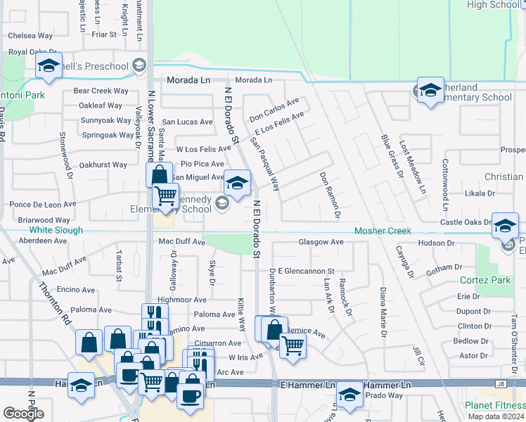 map of restaurants, bars, coffee shops, grocery stores, and more near 82 Martinique Court in Stockton