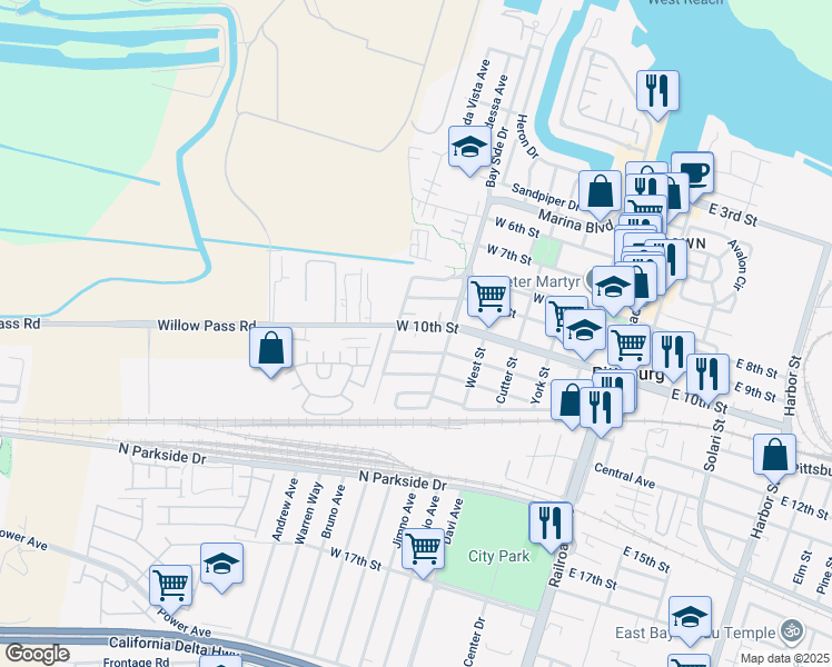 map of restaurants, bars, coffee shops, grocery stores, and more near 1065 Beacon Street in Pittsburg