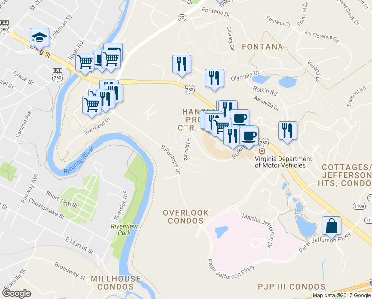 map of restaurants, bars, coffee shops, grocery stores, and more near 825 Beverley Drive in Charlottesville