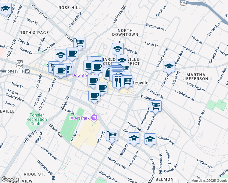 map of restaurants, bars, coffee shops, grocery stores, and more near in Charlottesville