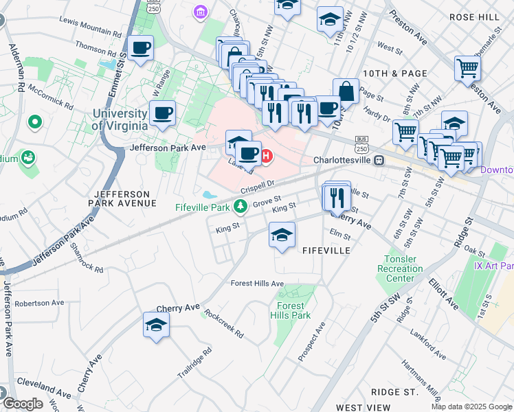 map of restaurants, bars, coffee shops, grocery stores, and more near 202 Spring Street in Charlottesville