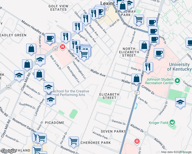 map of restaurants, bars, coffee shops, grocery stores, and more near 342 Waller Avenue in Lexington