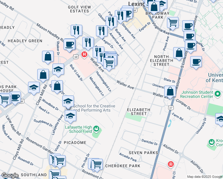 map of restaurants, bars, coffee shops, grocery stores, and more near 1545 Jacana Drive in Lexington