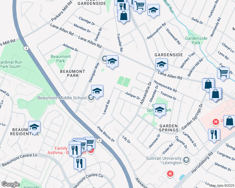 map of restaurants, bars, coffee shops, grocery stores, and more near 1044 Juniper Drive in Lexington