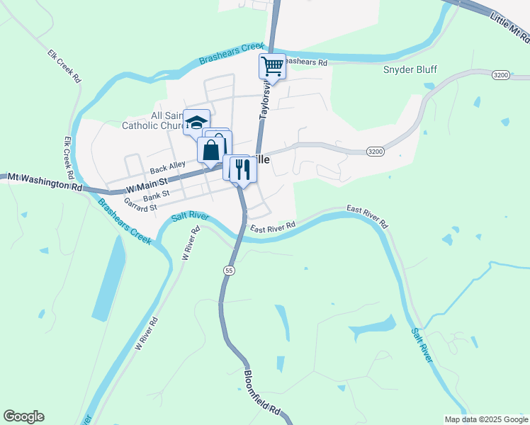 map of restaurants, bars, coffee shops, grocery stores, and more near 106 Hardin Street in Taylorsville