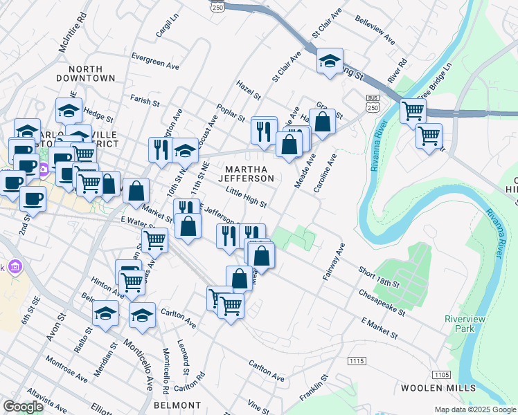 map of restaurants, bars, coffee shops, grocery stores, and more near 1212 Little High Street in Charlottesville